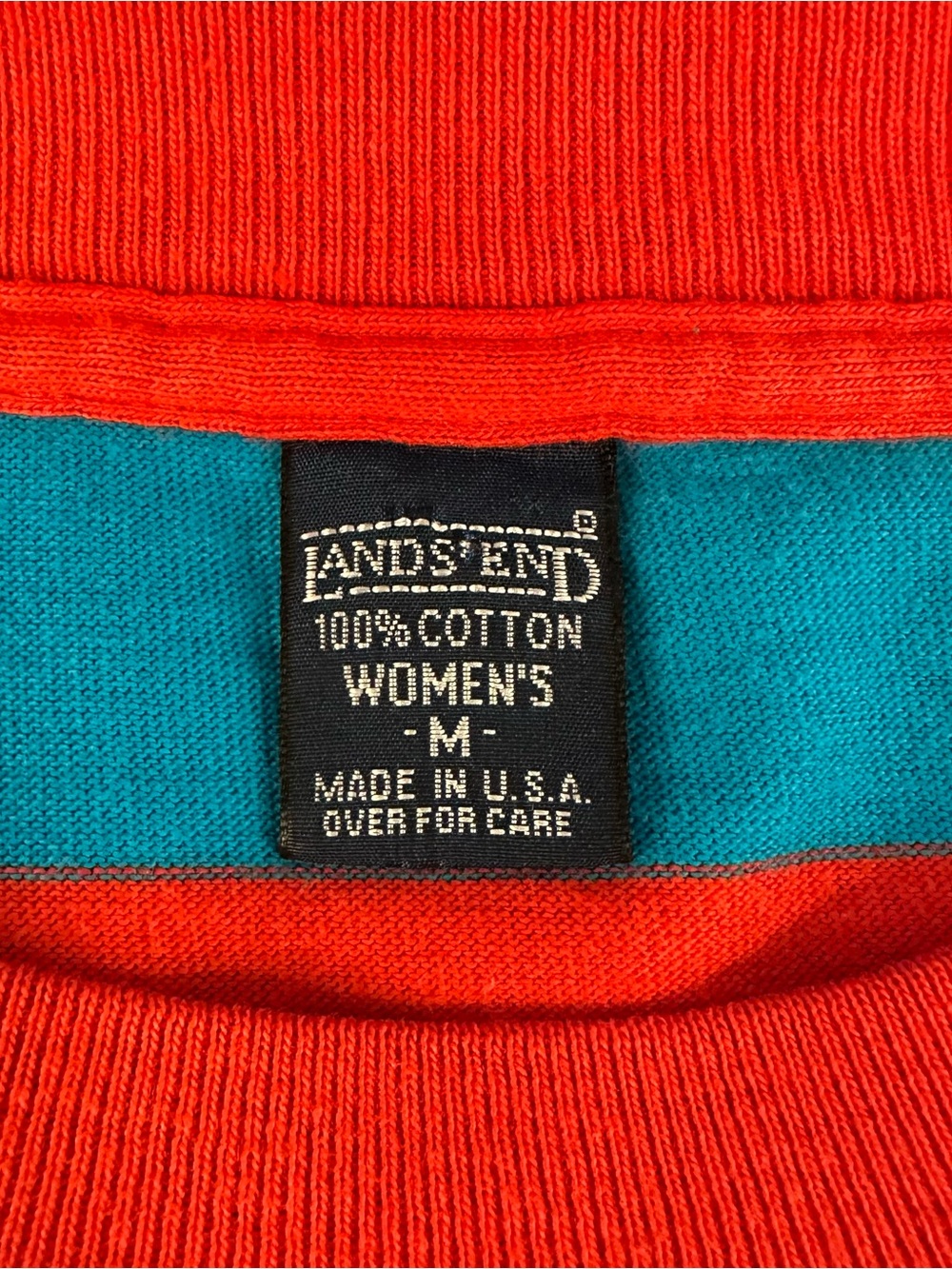 Vintage Lands End 100% Cotton Striped T Shirt Red & Teal Blue - Picture 3 of 6